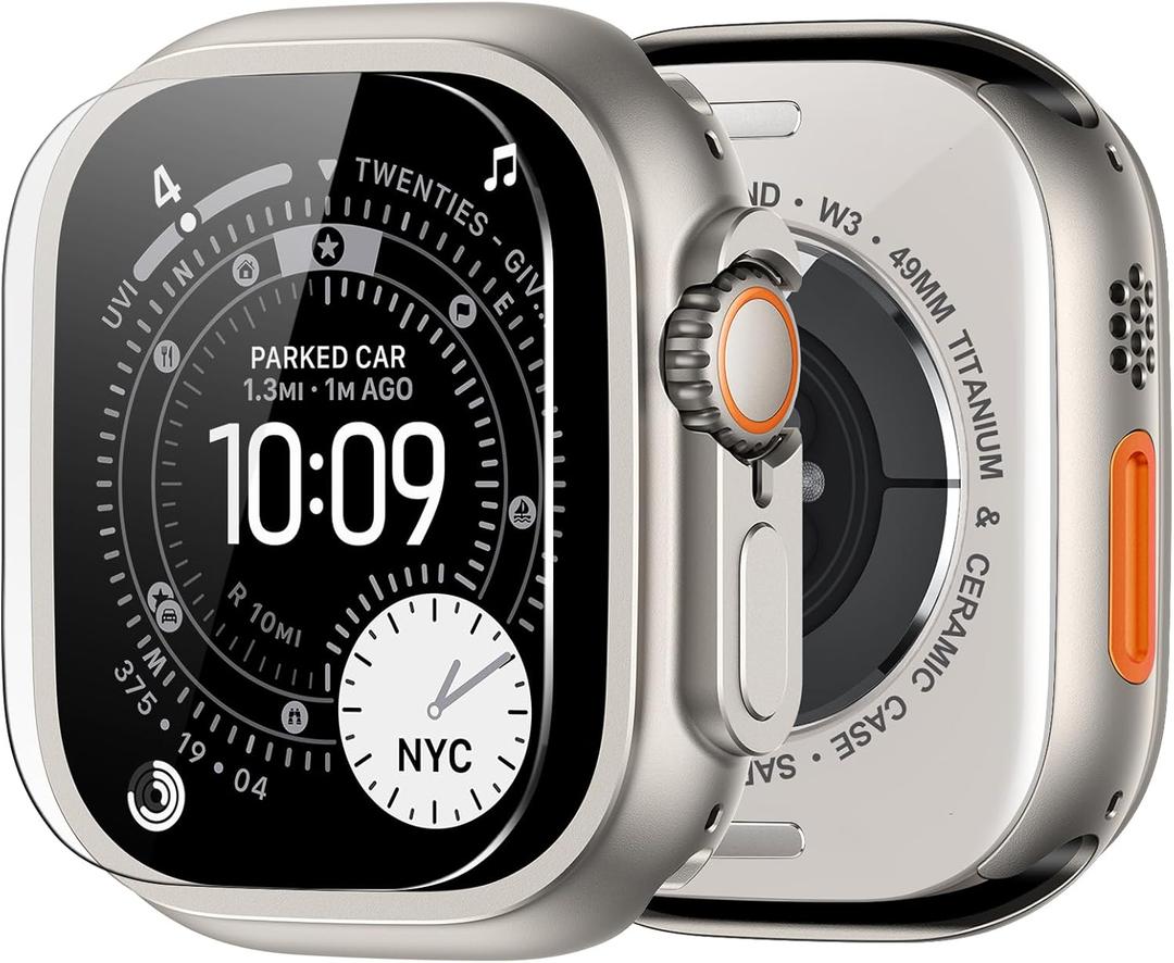 amBand for Apple Watch Ultra 2/Ultra Screen Protector 49mm, W1 Metal Case Rugged Bumper Titanium Frame + 9H Tempered Glass Film + Ceramic-Like Back Cover, Keep Original, Waterproof, Natural Titanium