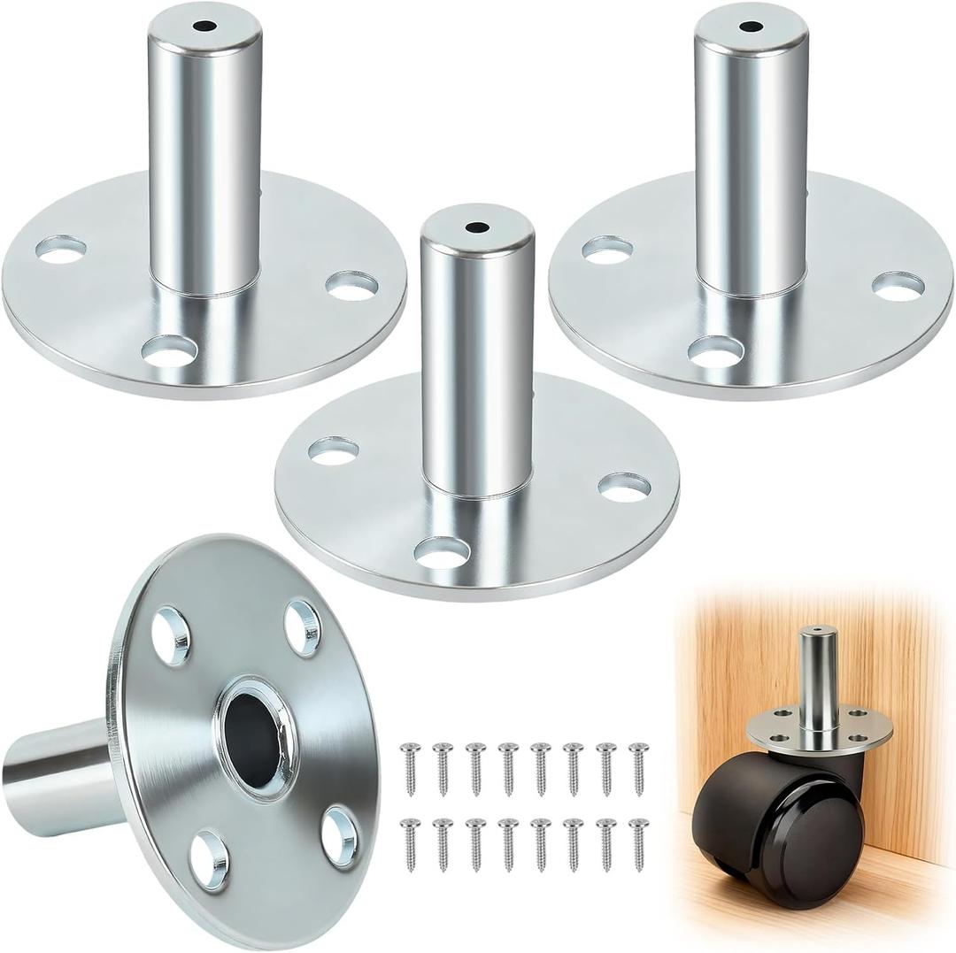 4 Pcs Broad Brimmed Caster Socket with 16 Screws, Stainless Steel Hat Sockets for 7/16" Caster Stem, Caster Stem Inserts for Bookshelves, Musical Equipment, Tables, Piano, Flower Stands
