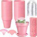 36 Packs Cupcake Plant Nursery Pots with Humidity Dome Small Flower Pots Plastic Planting Containers Cups with Saucers and Shovel for Indoor Outdoor Plant Succulent Display (Pink)