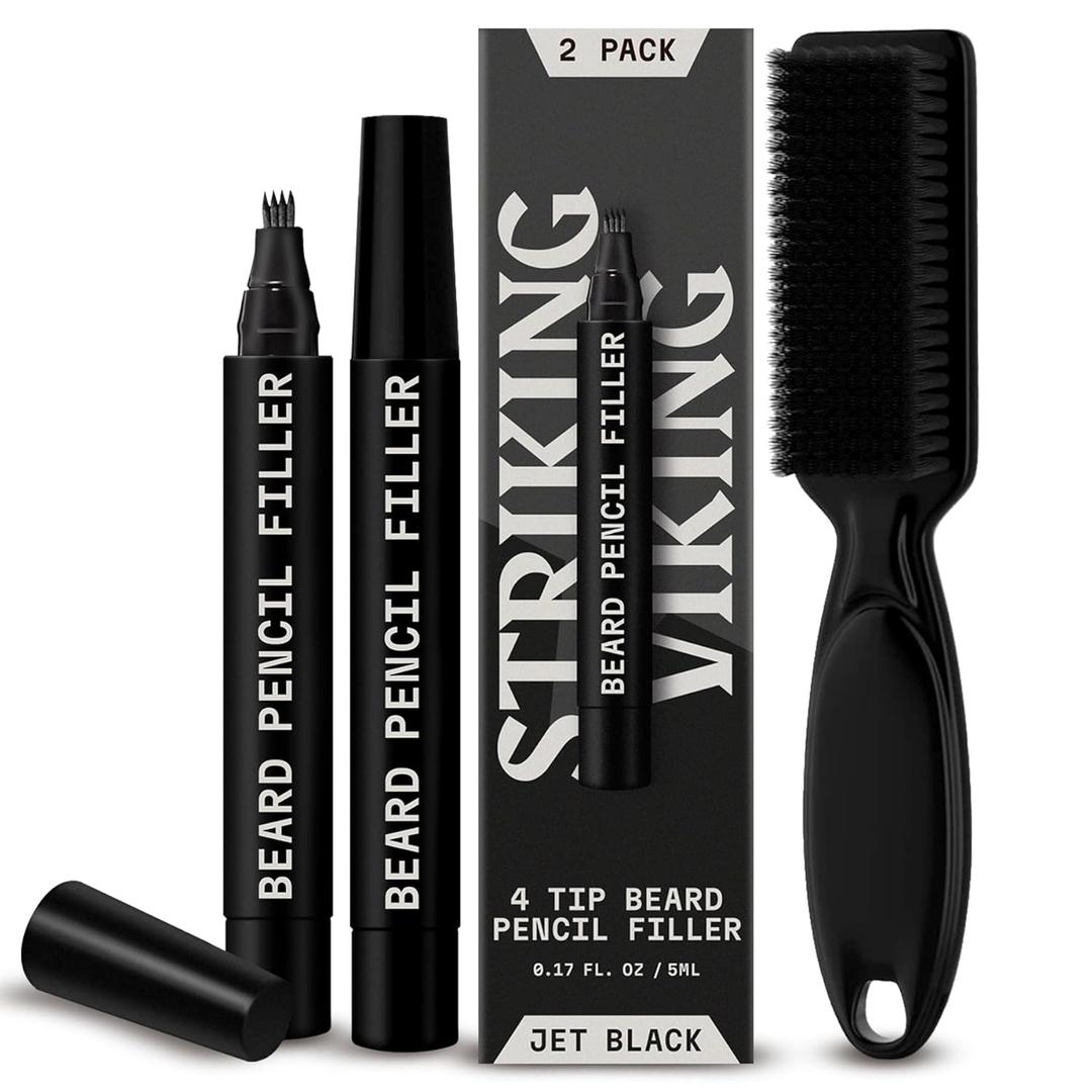 Striking Viking Beard Pencil Filler - Jet Black, 2-Pack with Soft Bristle Brush - Barber Pencil Tip for Gap Repair - Realistic Hair Strokes with Beard Pen - Waterproof All-Day Wear with Pen Filler