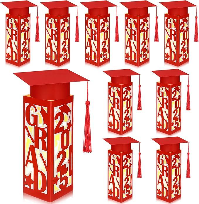 9 Pcs Graduation Table Centerpieces Boxes 2025 Graduation Lantern Boxes with LED Light Small Cap Table Decorations Congrats School College Photo Props(Grad,Red)