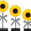 Geetery 3 Pcs Summer Sunflower Wood Table Sign Freestanding Sunflower Tabletop Decor Farmhouse Wooden Centerpieces for Tables Rustic Wood Tray Home Decor Standing Block Decorations for Kitchen