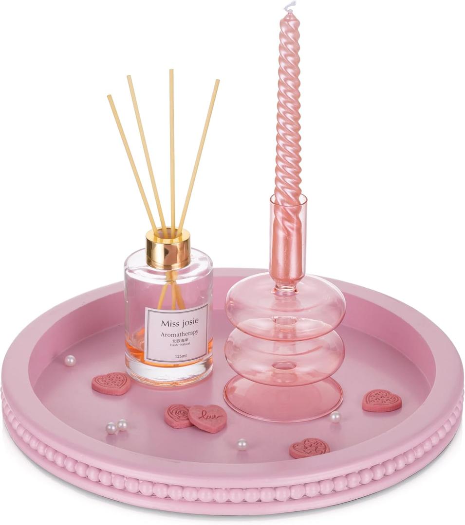 Pink Tray Decorative Round: Beaded Perfume Trays Decor for Dresser Circle Vanity Makeup Serving Tray for Ottoman Coffee Table Bathroom Counter
