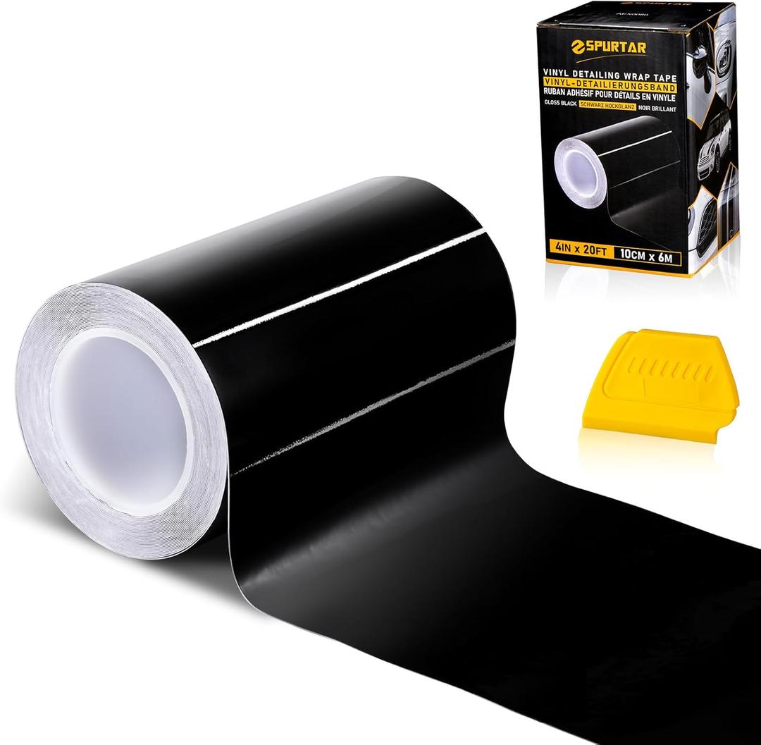 Spurtar Gloss Black Vinyl Wrap 4 Inch x 20ft Air-Release Adhesive Car Vinyl Tape Chrome Delete Wrap Roll DIY Car Exterior Decoration Door Edge Guard Vehicle Detailing Paper 10CM x 6M