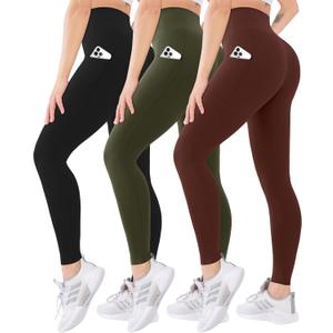 Blisset 3 Pack High Waisted Leggings for Women with Pockets Soft Active Tummy Control Pants for Yoga Running & Daily Wear (Large-X-Large, 018-black/Green/Brown)