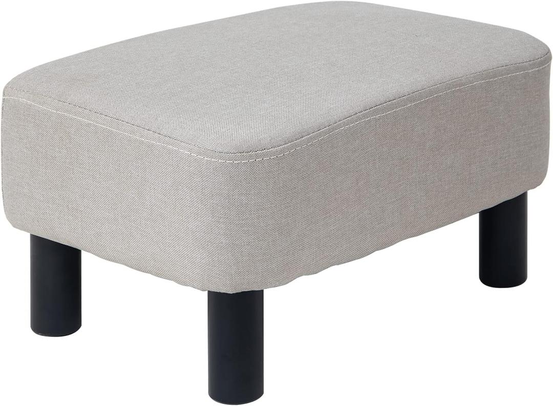 Small Footstool Linen Fabric Pouf Ottoman Footrest Modern Home Bedroom Rectangular Stool, with Padded Seat Pine Wood Legs, Gray Blue RF-BD214-D