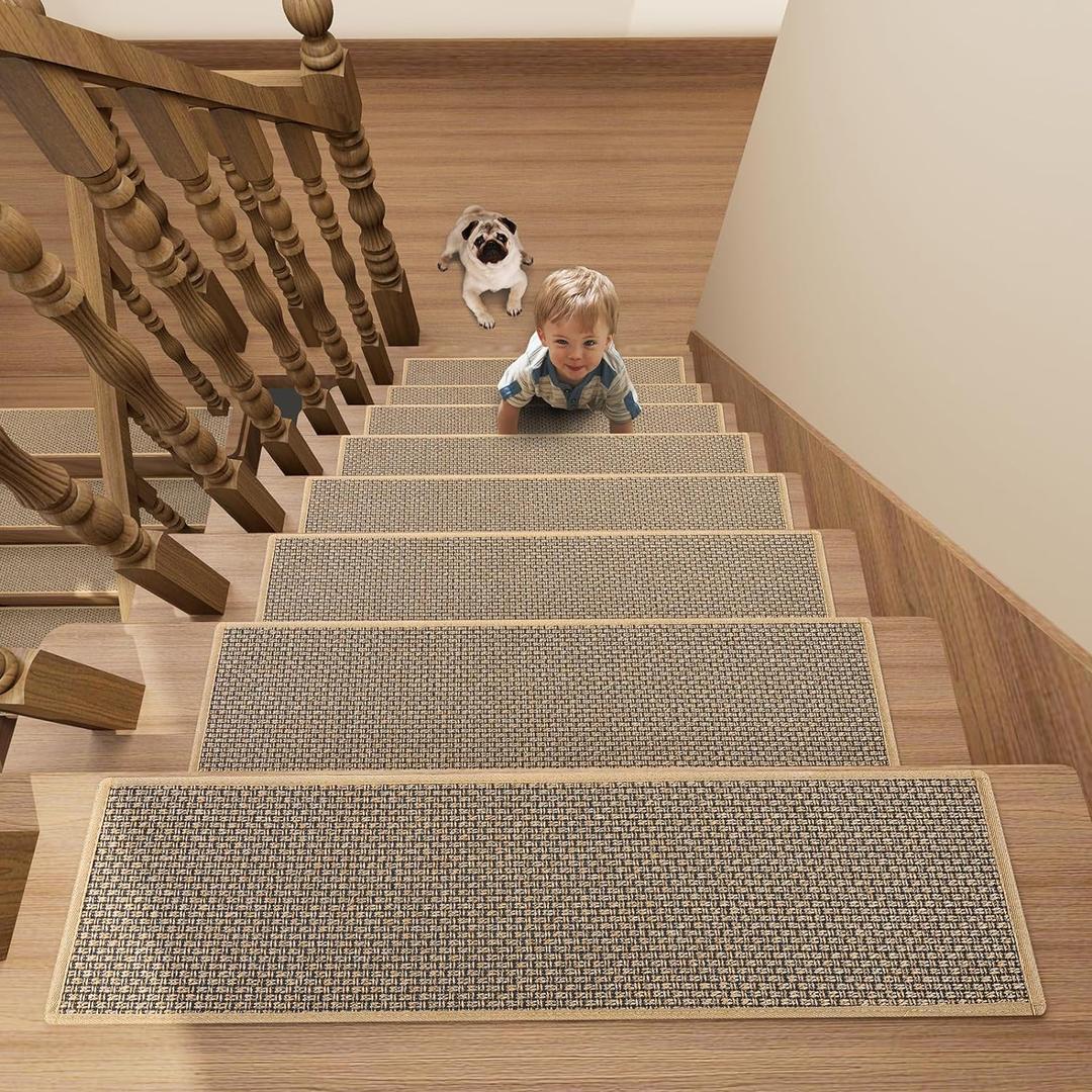 Stair Treads Carpet 4 pcs for Wooden Steps with Non Slip Rubber Backing, 100% Polyester Soft Stairs Resistant Indoor Skid Runner Safety Rugs for Kids Elders and Pets 30" * 8" (Brown)