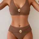 Eomenie Bikini Sets for Women Color Block Two Piece Bathing Suit V Neck Tie Back Swimsuit (Brown, S)