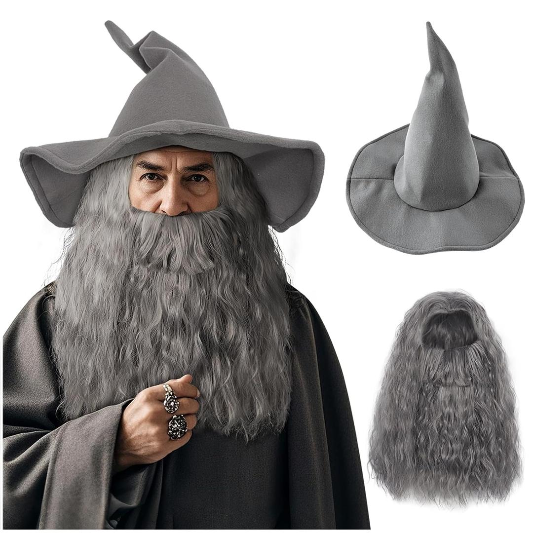 Joukavor Wizard Hat Beard and Wig Costume Accessory for Adults Halloween Cosplay (Grey)