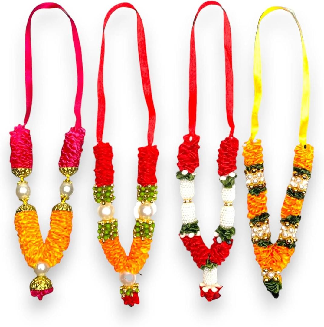 LOVENSPIRE Set of 4 Mini Idol Mala, Satin Ribbon & Plastic Bead, Diwali Hanging Ornament, Reusable Garland for Photo Frame God Shringar, 4.5 Inches