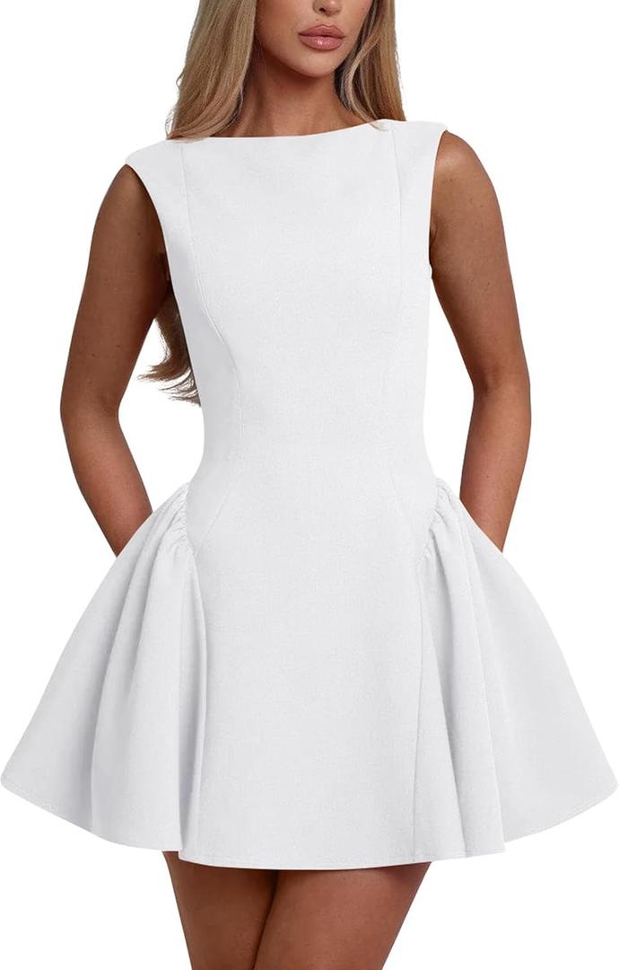 YMDUCH Women's Summer Sleeveless Crew Neck Backless A-line Mini Party Prom Dress (White)