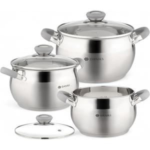 Daniks Modern 6-Piece Stainless Steel Cookware Set with Glass Lids, Tri-Ply Bases for Even Heating, Induction Compatible, Dishwasher Safe, Heatproof Handles