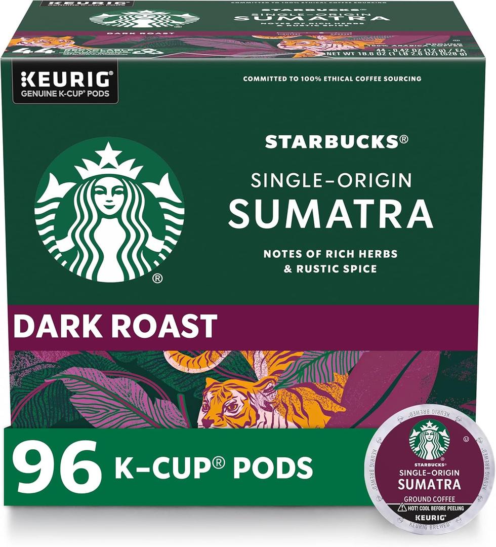 Starbucks K-Cup Coffee Pods, Dark Roast Coffee, Sumatra for Keurig Brewers, 100% Arabica, 4 boxes (96 pods total) (Best By: 01/19/2026)