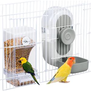 No Mess Bird Feeder & Water Dispenser Set - Automatic Feeding & Hydration, Parakeet Cage Accessories for Parrots, Cockatiels, Finches, Lovebirds & Budgies (Gray)