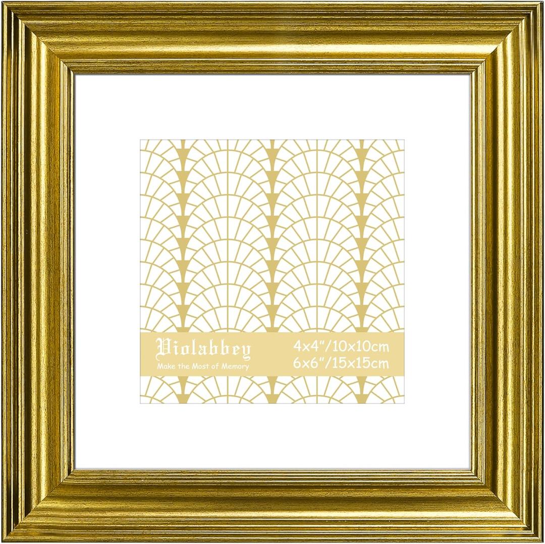 VIOLABBEY 6x6 Picture Frame Gold, Vintage Photo Frames Square, Fits Pictures 4x4 with Mat or 6 x 6 without Mat, Display for Tabletop and Wall