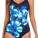 Itzel Women's V Neck One Piece Swimsuit Modest Blue Light Blue Floral 16 (L)