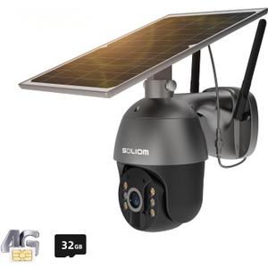 SOLIOM S600 3G/4G LTE Solar Powered Cellular Security Camera Wireless Outdoor, Pan Tilt 360View Spotlight, 1080p Night Vision, 2 Way Talk, PIR Motion Sensor, No WiFi, US Version, Unlimited Data Plan (Grey)