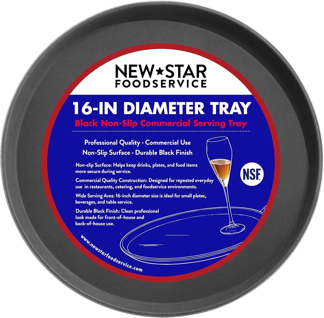 New Star Foodservice Non-Slip Tray, Plastic, Rubber Lined, Round (Black, 16-Inch)