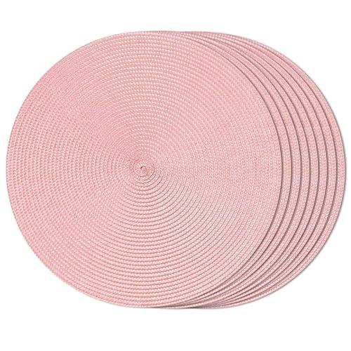 FunWheat Round Braided Placemats Set of 8 Place Mats for Dining Table Woven Washable Non-Slip Table Mats 15 Inch(Pink,8pcs)