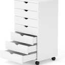 7 Drawer Mobile File Cabinet Under Desk Storage Organization with Wheels Vertical Filing Chest Rolling Wood Small Desk Printer Stand for Home Office, White