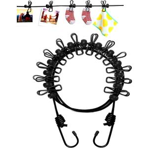 1 Pack Portable Clothesline with 12 Clothespins, Travel Clothesline Stretchy Retractable Elastic Laundry Clothes Line for Backyard, Vacation Hotel, Balcony Clothes Drying Line (Black)