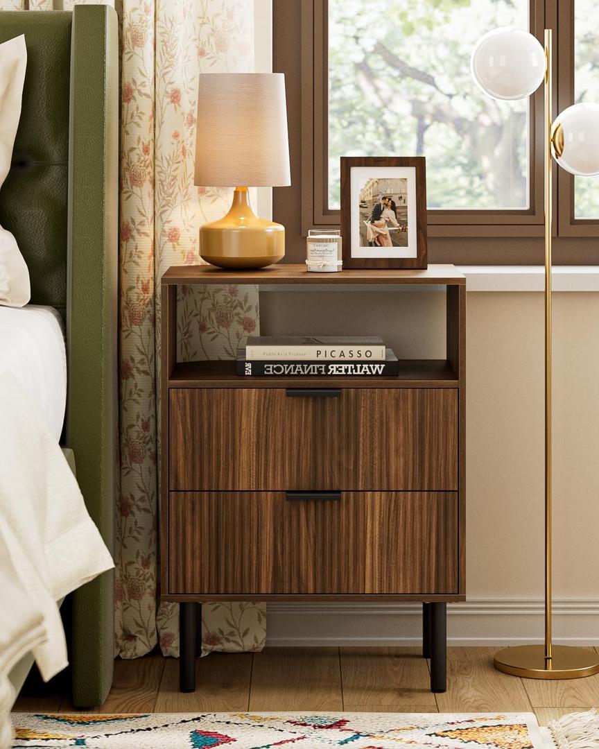 Night Stand,25.7" H Bedside Table with 2Drawers and Open Shelf,Farmhouse Nightstand,Side Table with Gold Frame for Bedroom,Living Room,Pale Walnut