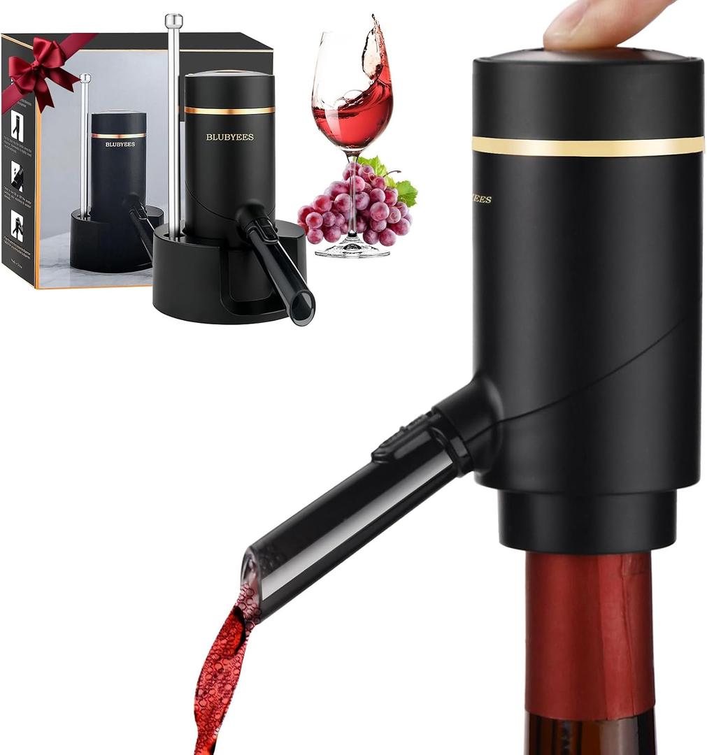 BLUBYEES 3-in-1 Electric Wine Aerator & Decanter Set with Stand Base - Automatic Pump Dispenser, Retractable Tube, and Built-in Pourer, Ideal Gift for Wine Lovers