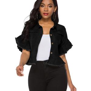 Suvimuga Women's Denim Jacket Button Down Distressed Ruffle Sleeve Crop Jean Jackets Coat (Medium, Black)