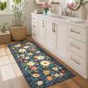 DUKINO 2x5 Runner Rug for Hallway, Washable Kitchen Floral Runner Rug with Non Slip Backing, Low Pile Soft Boho Carpet for Kitchen, Hallway, Entryway, Laundry, Bedroom, Navy Blue
