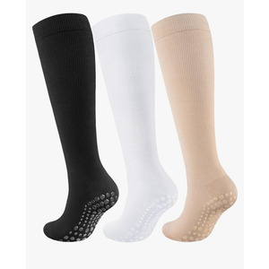 Cotton Compression Socks Women&Men with Grips Non Slip 15-20mmHg Knee High Graduated Sock for Nurse, Pregnancy, Yoga, S/M