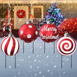 Nuanchu 4 Pcs Metal Christmas Yard Signs Xmas Ball Yard Sign Stake 19.3 Inches Waterproof Xmas Lawn Signs Christmas Outdoor Decorations for Outside Garden Pathway Patio Holiday Home Party Decor