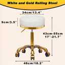 Gold Rolling Vanity Stool with Wheels (White, Without Back) Padded Seat Heavy Duty Stools, 360° Rotation Adjustable Round Rolly Chair, Silla de Pedicura Salon Spa Massage Esthetician, 14"D x 14"W x 22"H