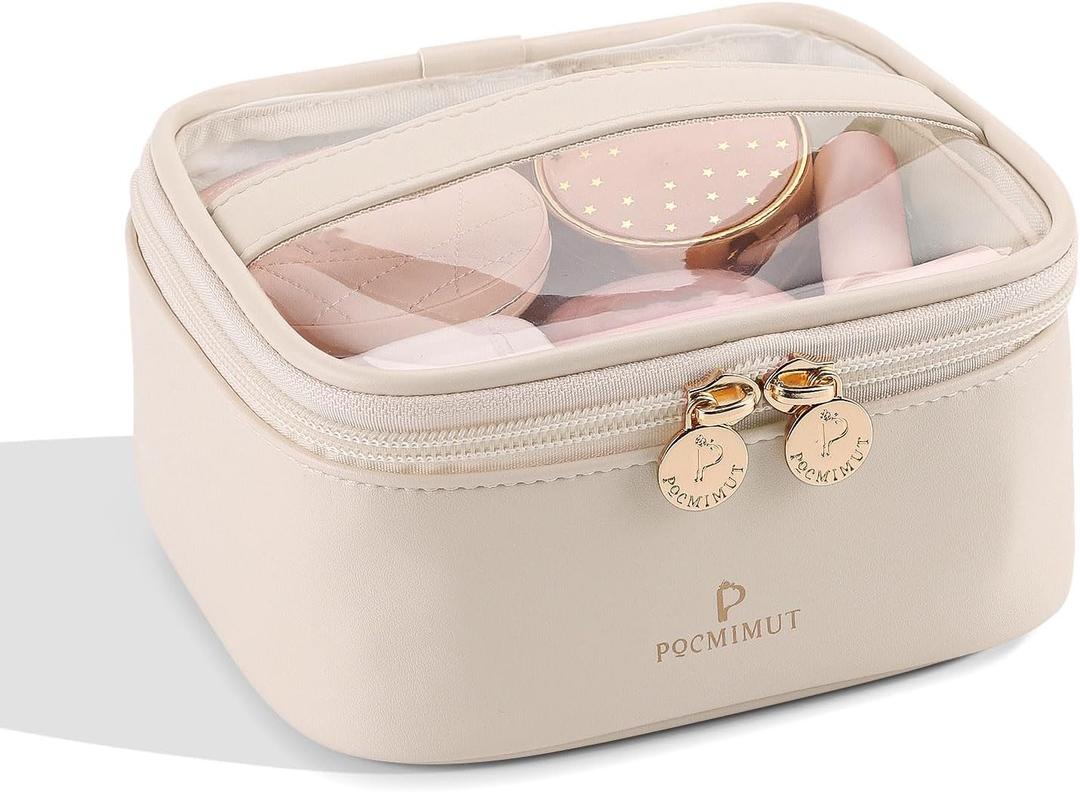 Pocmimut Makeup Bag,Protable Clear Makeup Bag Travel Cosmetic Bag Car Accessories for Women,Travel Essentials Cosmetic Bag Organizers,Beige (Small-Square)