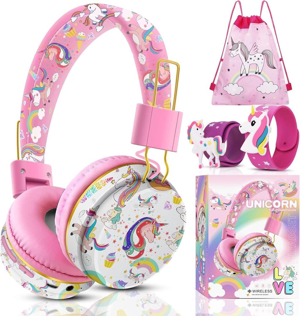 QearFun Cute Unicorn Bluetooth Headphones, 85dB Safe Volume Limit, Wireless & 3.5mm Wired Headset with Mic, Bluetooth 5.2, Fast Charging, Foldable,for School, Tablet, Travel, Airplane (Pink)