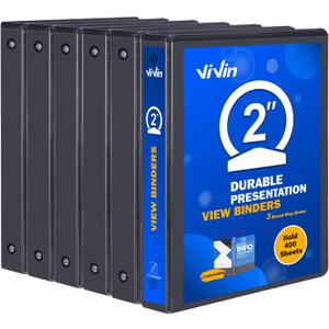 3 Ring Binder 2 Inch, ViVin Sturdy 2"-Round Ring Binder with 2 Interior Pockets, Clear View Cover, PVC-Free, Fits 400 Sheets of 8.5'' x 11'' Paper, Office Home School (6 Pack, Black)
