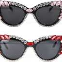 Retro Cateye Sunglasses for Women UV400 Protection Cat Eye bling rhinestone Sun Glasses ((2 Pack ) Pink+red)
