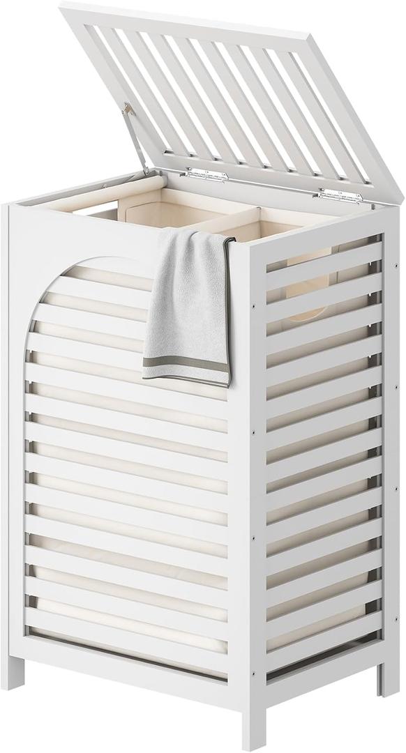 Laundry Hamper with Lid (16.9 * 13 * 26.5inches) Large Bamboo Laundry Bin Basket 85L Clothes Hamper with 1 Removable Bag Storage baskets for Bathroom (White)
