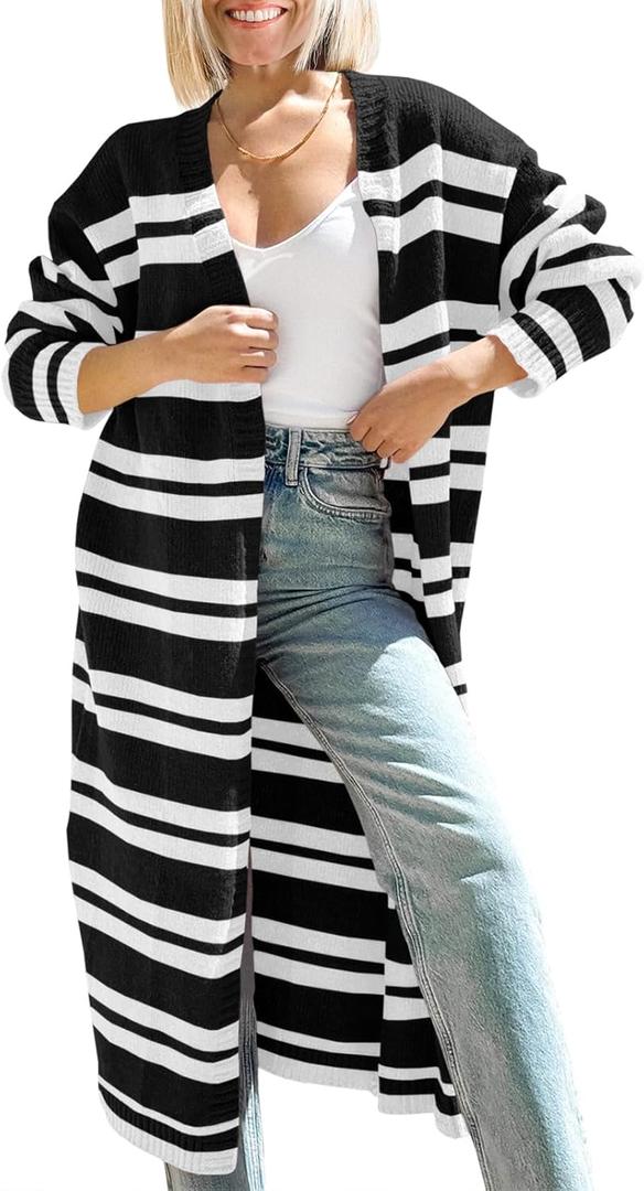 Saodimallsu Womens Striped Long Cardigans Open Front Color Block Long Sleeve Loose Knit Fall Duster Sweater Coat 33x43