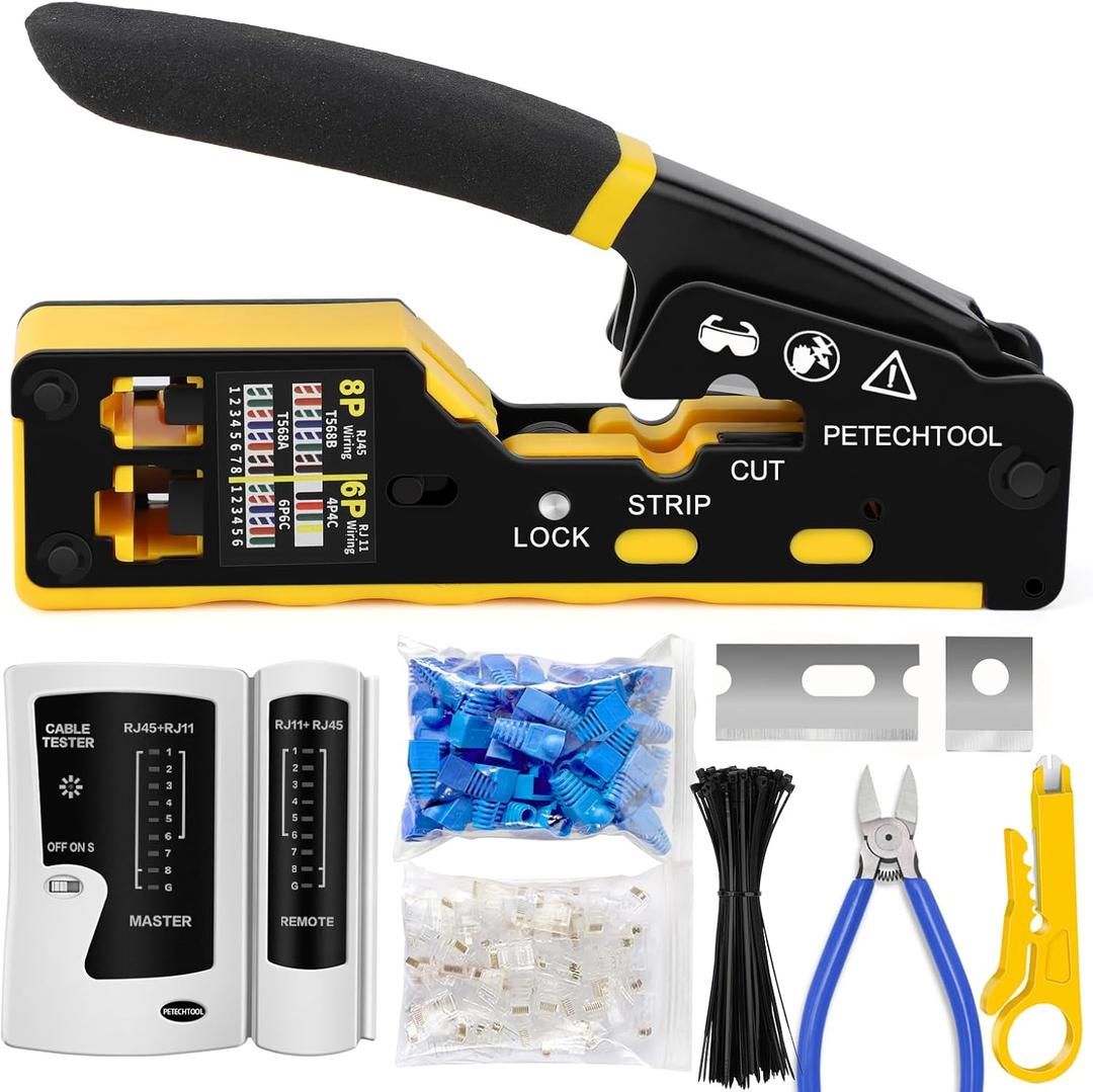 PETECHTOOL RJ45 Crimp Tool Pass Through Ethernet Crimping Tool Kit Cat6 Cat5e Cat6a RJ45 Crimper with Cable Tester, Cat6 Connectors with RJ45 Boot Covers, Mini Stripper, Blades and Cable Ties