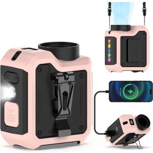7-in-1 Portable Turbo Fan,Personal Wearable Waist Fan with Clip,Hands-Free Flashlight & More,Powerful Cooling,24H Runtime,LED Display,10000mAh Rechargeable,4 Speeds,Birthday Gifts for Men Dad (Pink)