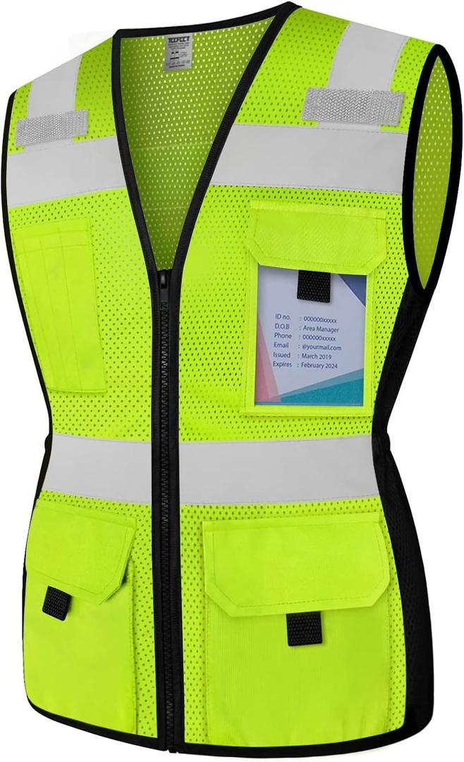 TCCFCCT Safety Vest for Women 11 Pockets Mesh Reflective Vest with Zipper, High Visibility Neon Construction Work Vest for Lady Surveyors/Warehouse, Snug-Fit, Durable, ANSI Compliant, Yellow XS (Yellow-kangaroo Series)