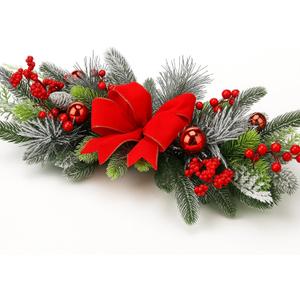 24'' Christmas Table Centerpiece Christmas Swag Decoration with Berries Pine Cone Red Bow Xmas Balls Cedar Artificial Decorative Swag for Dining Table Fireplace Mantel Front Door Wall Windows