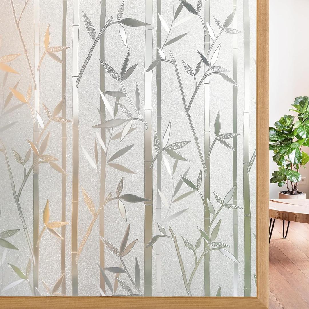 rabbitgoo Window Privacy Film Frosted Bamboo Pattern, Removable UV Blocking Stained Glass Decals Covering Decorative Window Cling for Home, 23.6 in X 6.5 Feet, Regular