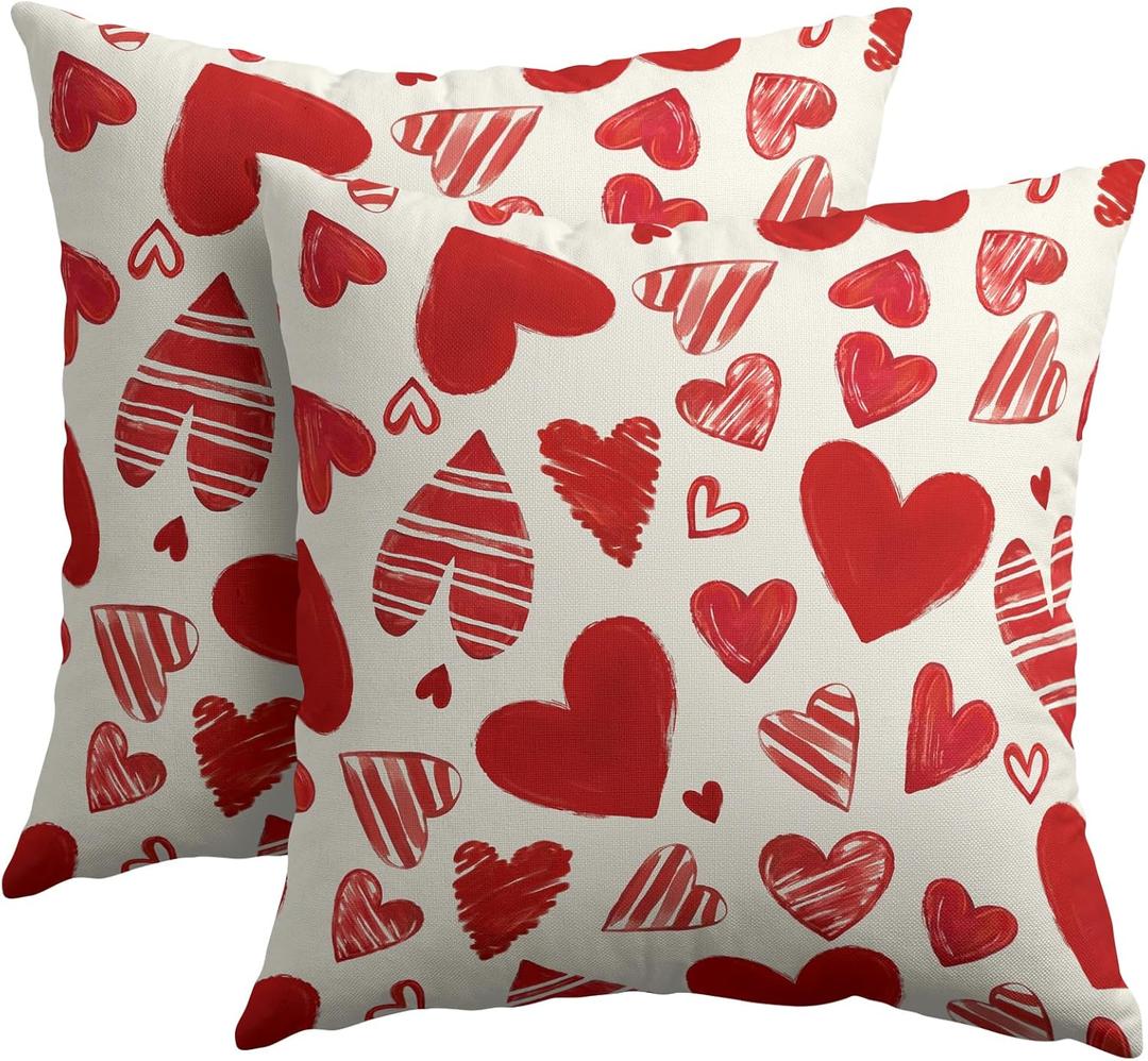 Valentines Day Pillow Covers 18x18 Set of 2 Red Heart Throw Pillow Covers Love Pillowcase Linen Decoration Farmhouse Holiday Cozy Soft Cushion Case Couch for Indoor Outdoor Home Decor