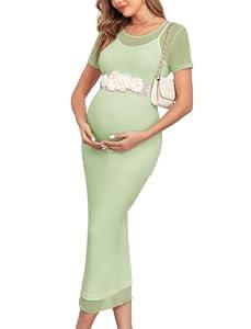 AISWI 2 Piece Maternity Mesh Dress Short Sleeves Round Neck Bodycon Pregnancy Dresses Baby Shower Photoshoot Wedding, Short Sleeves, Sage Green, Small