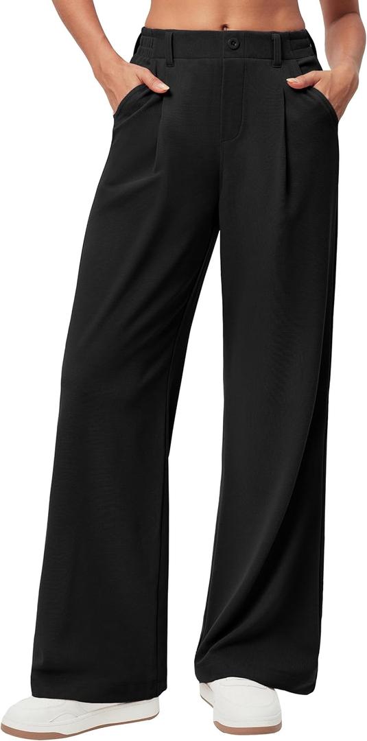 Ewedoos Wide Leg Pants Woman Stretchy Work Dress Pants Women Pull on Business Casual Slacks Trousers Fall Outfits 26"/28" (Small, Black- 28'' Regular)