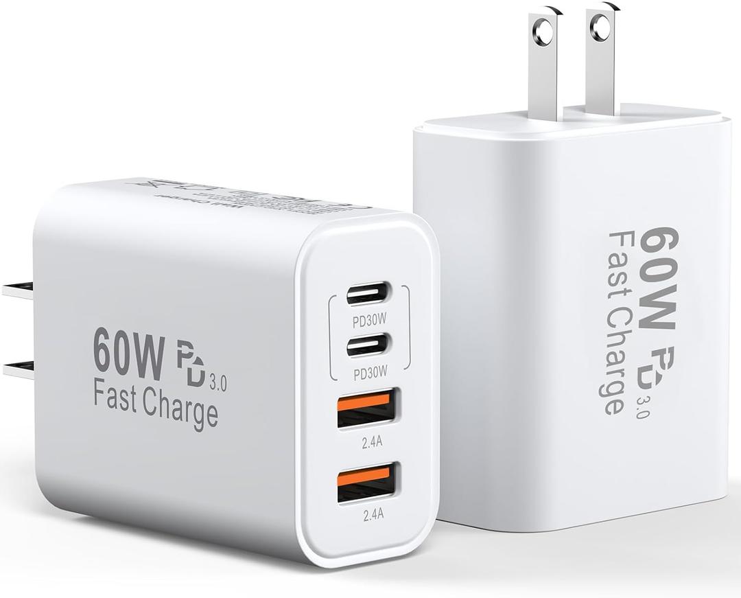 USB C Charger Block, 2Pack 60W 4 Ports Type C Fast Phone Charging Cubes PD USBC Wall Plug+QC 3.0 USB A Charger Head Power Brick Box for iPhone 16/15/14/13/12/11 Pro Max, Samsung Galaxy, Pixel (White)