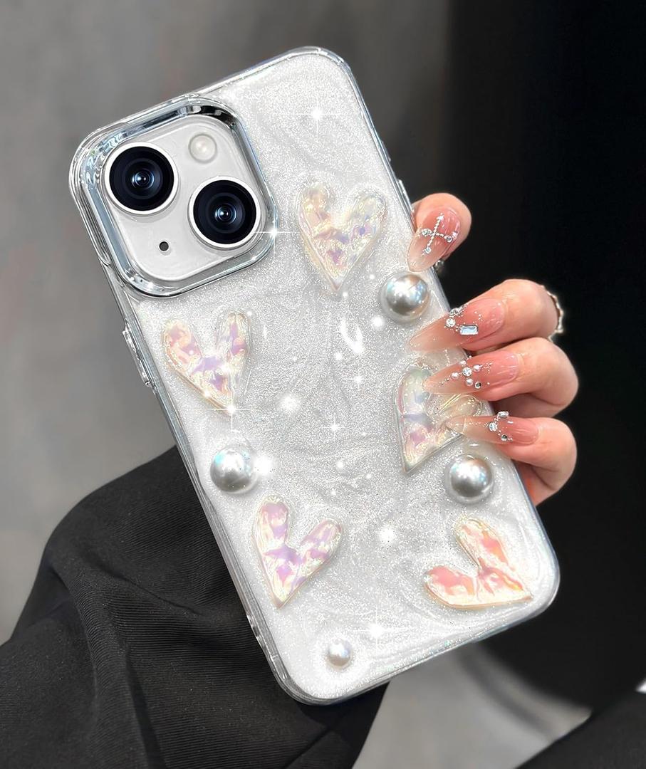 Toycamp for iPhone 15 Case Cute - Women Girly Girls Glitter Phone Cover 15 Kawaii Sparkle Bling Shine Aesthetic Pretty Unique Wave Design Funda for Apple 15, Heart