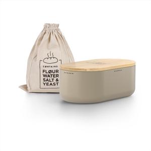 LARS NYSM Bread Box I Metal Box with linen bag for long lasting freshness I Bread Bin with bamboo lid usable as cutting board I 14.2x7.5x5.1 In (Taupe Brown)