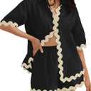 ZESICA Women's Button Down Pajama Set Line Short Sleeve Shirt and Shorts Pj Lounge Sets Sleepwear with Pockets (Black, M)